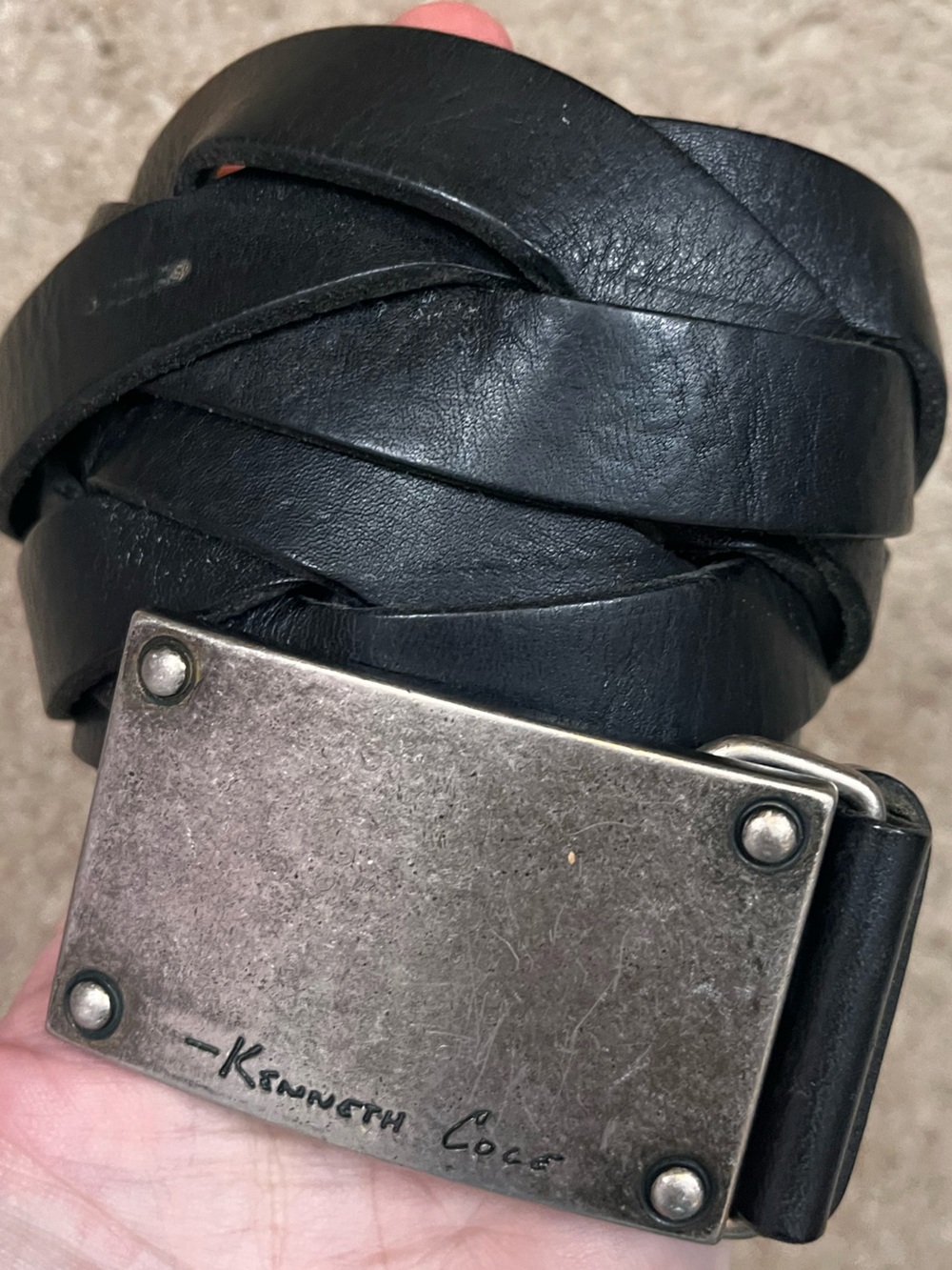 Kenneth Cole Black Leather Braided Belt Distressed Silver Buckle Size 36